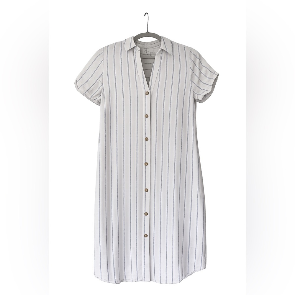Button-Front Striped Midi Dress - White with Navy Pinstripes